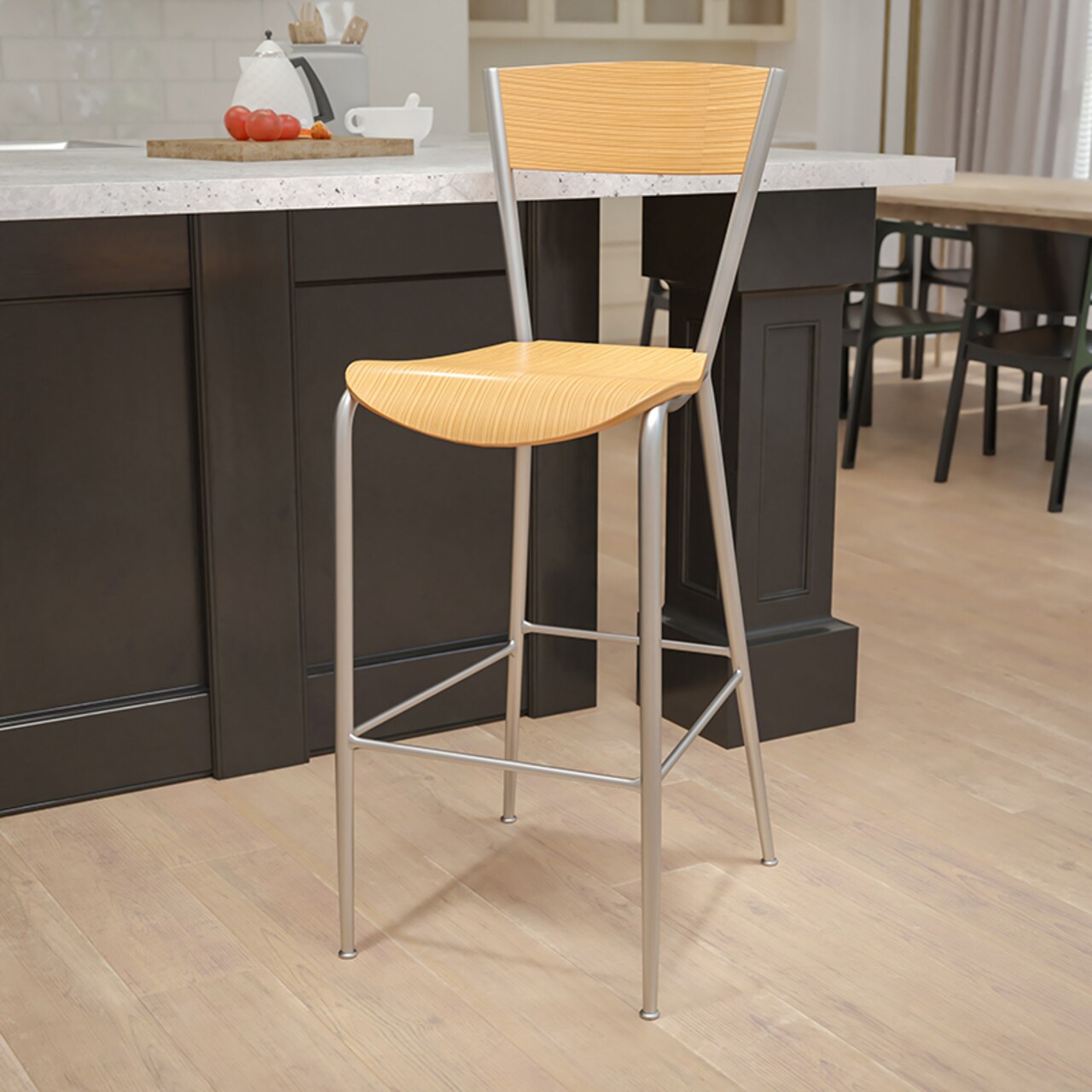 Flash Furniture Invincible Series Silver Metal Restaurant Barstool - Natural Wood Back and Seat XU-DG-60218-NAT-GG
